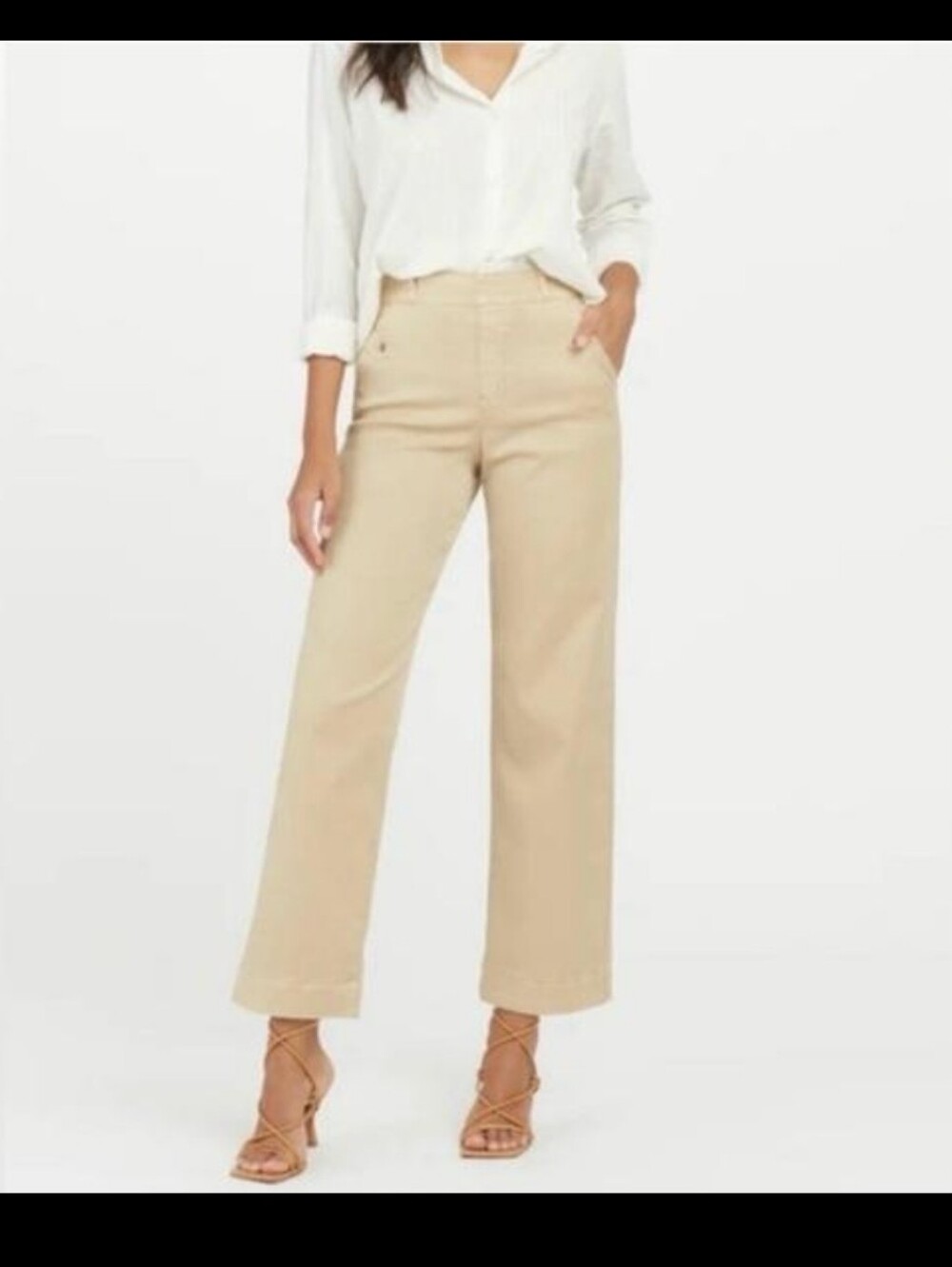 SPANX Stretch Twill Cropped Wide Leg Pants Small Khaki High Rise